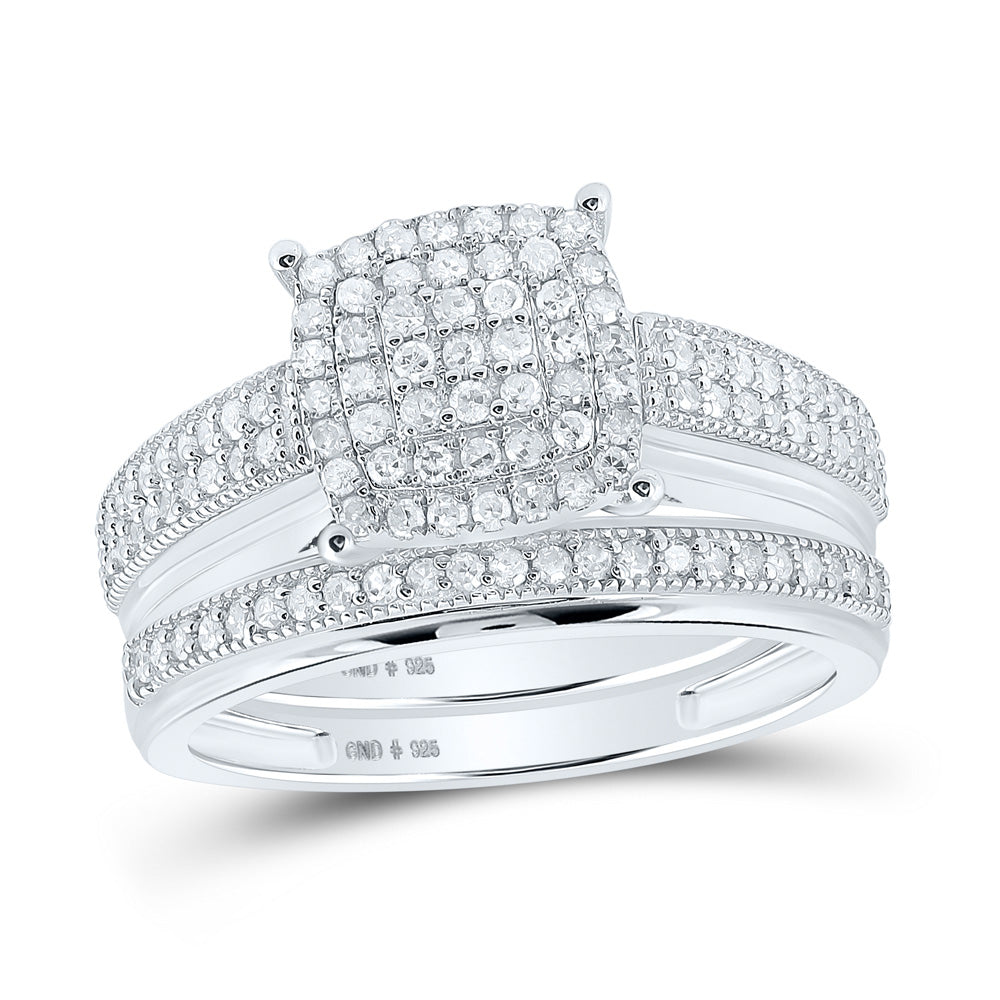 Sterling Silver His Hers Round Diamond Cluster Matching Wedding Set 3/4 Cttw, Womens Size: 5-10, Mens Size: 7-13