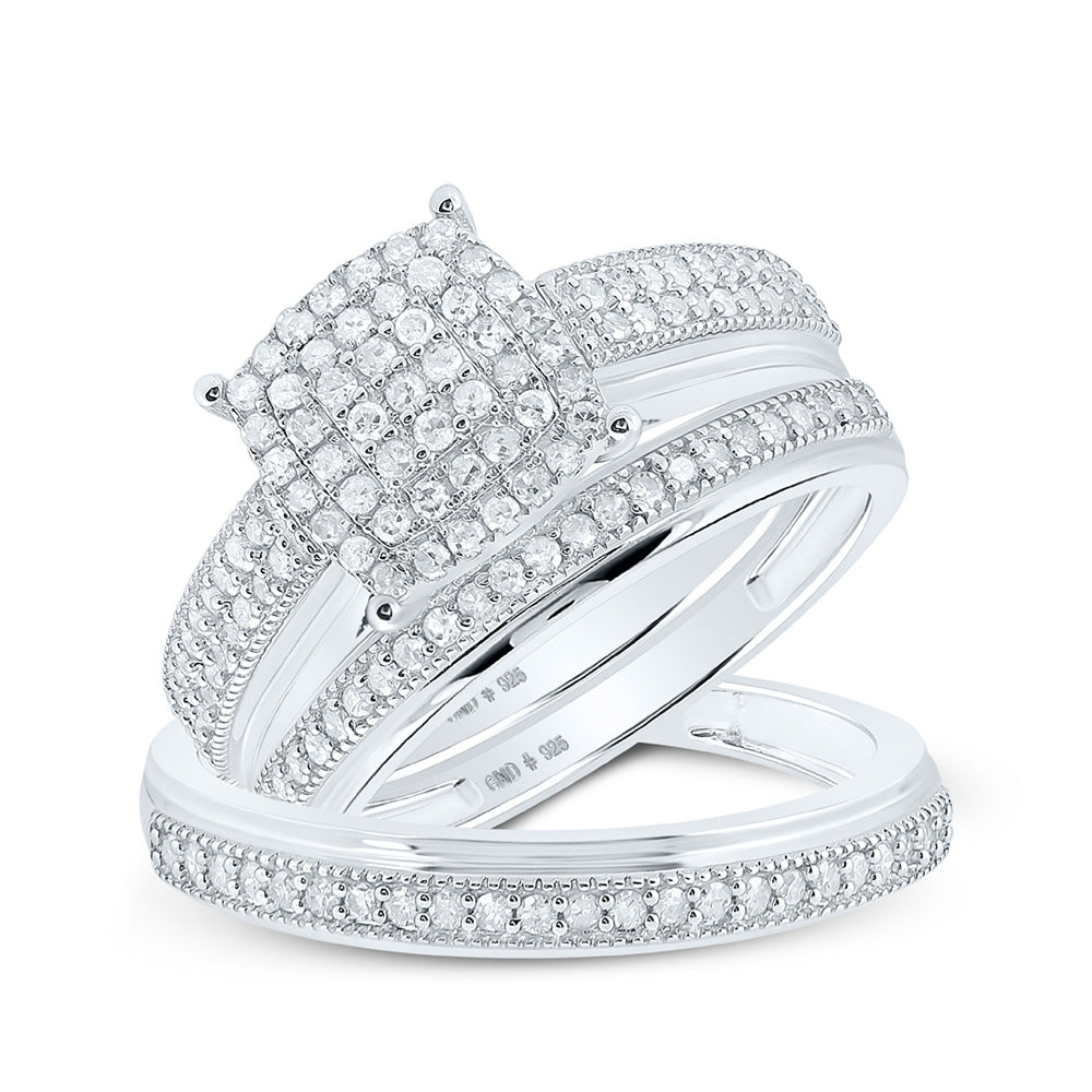 Sterling Silver His Hers Round Diamond Cluster Matching Wedding Set 3/4 Cttw, Womens Size: 5-10, Mens Size: 7-13