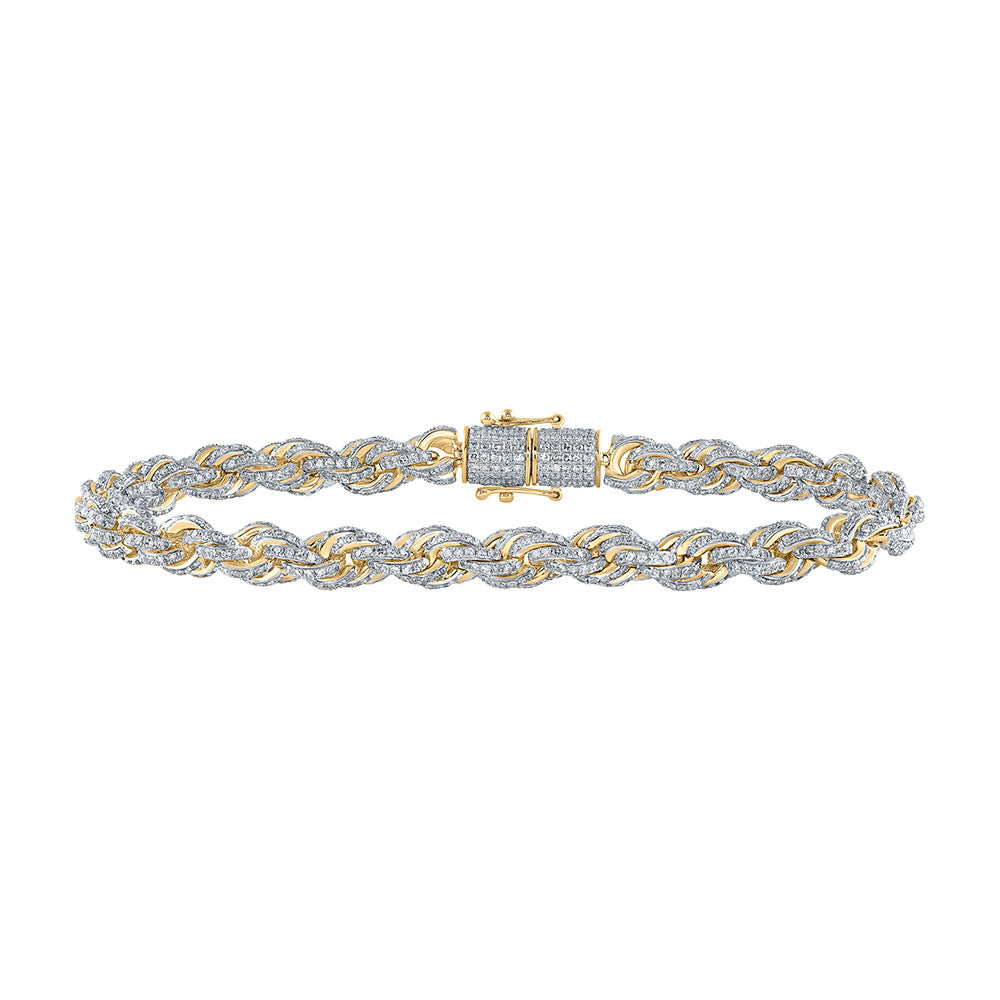 10K Yellow Gold Mens Round Diamond 8.5-inch Rope Chain Bracelet 6-1/5 Cttw, Length: 8.5 In, Width: 0.24 In