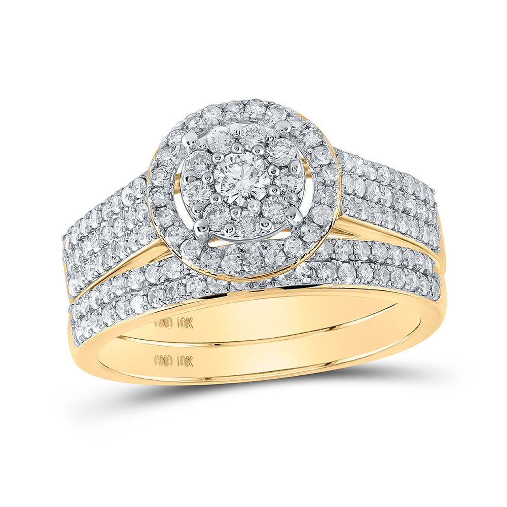 10K Yellow Gold Round Diamond Cluster Bridal Wedding Ring Band Set 3/4 Cttw, Womens Size: 5-10