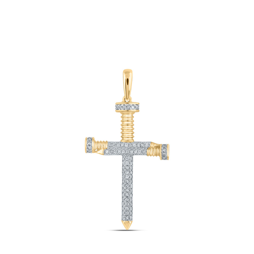 14K Yellow Gold Mens Round Diamond Nail Cross Charm Pendant 1/3 Cttw