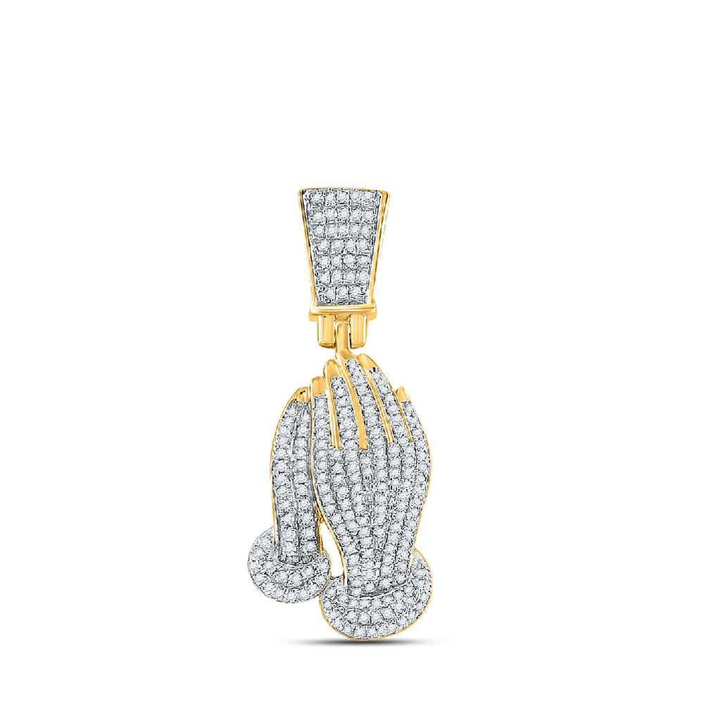 14K Yellow Gold Mens Round Diamond Prayer Hands Charm Pendant 3/8 Cttw, Length: 1.16 In, Width: 0.49 In