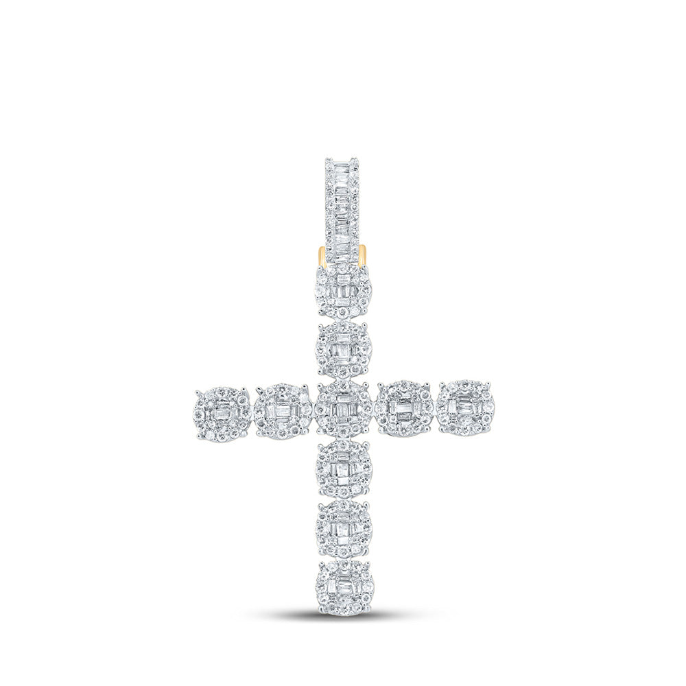 14K Yellow Gold Mens Baguette Diamond Cross Charm Pendant 1-7/8 Cttw