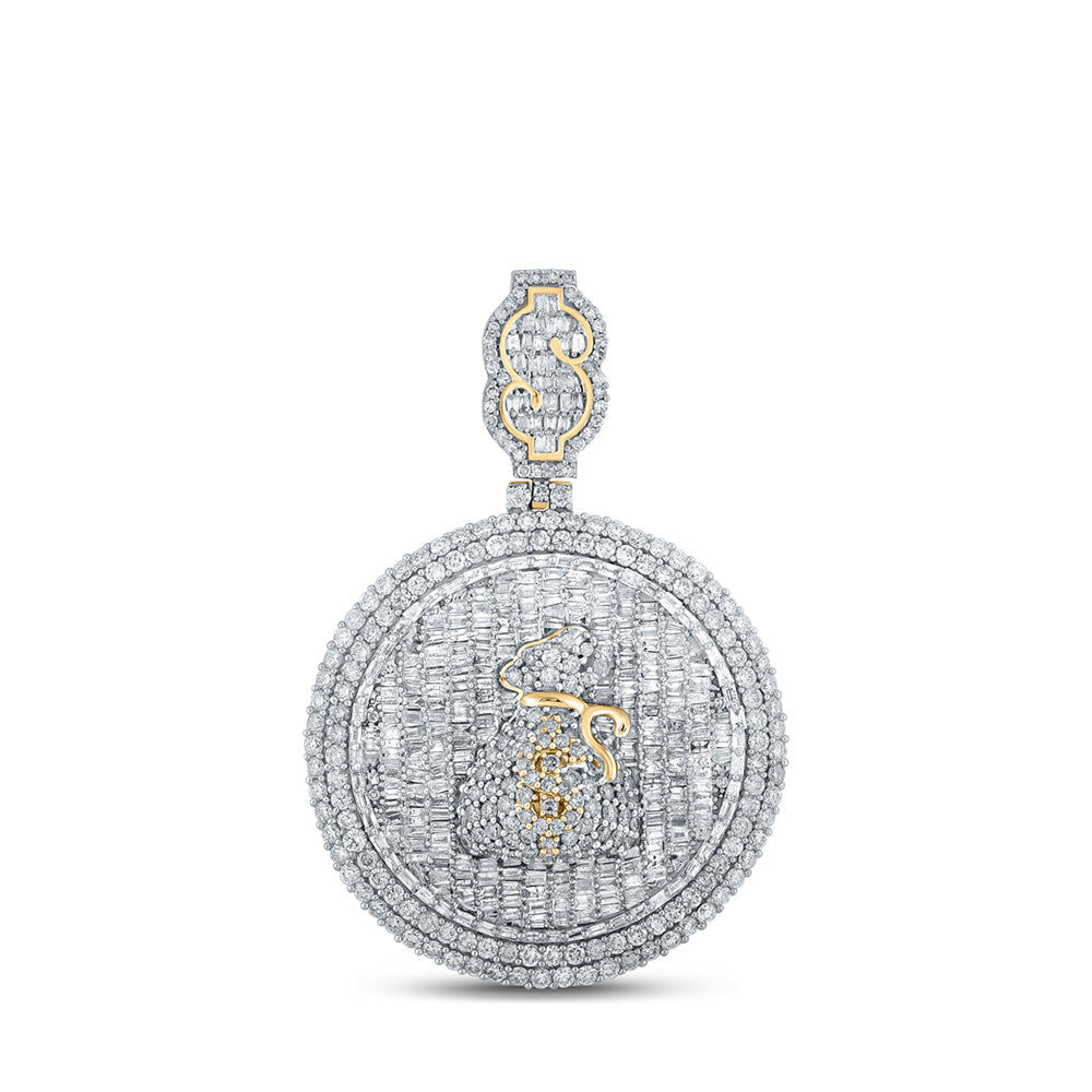14K Yellow Gold Mens Baguette Diamond Dollar Sign Circle Charm Pendant 5 Cttw, Length: 2 In, Width: 1.32 In