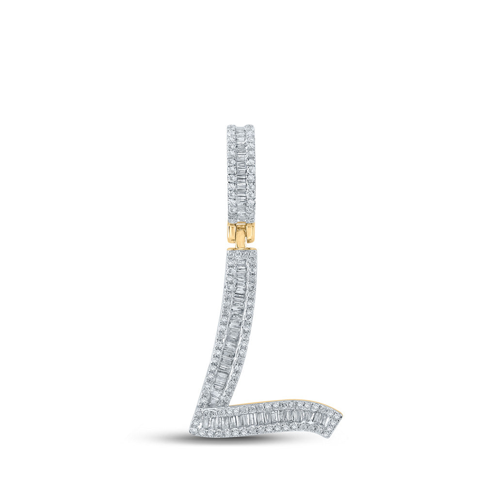 14K Yellow Gold Mens Baguette Diamond L Initial Letter Charm Pendant 5/8 Cttw, Length: 1.44 In, Width: 0.71 In
