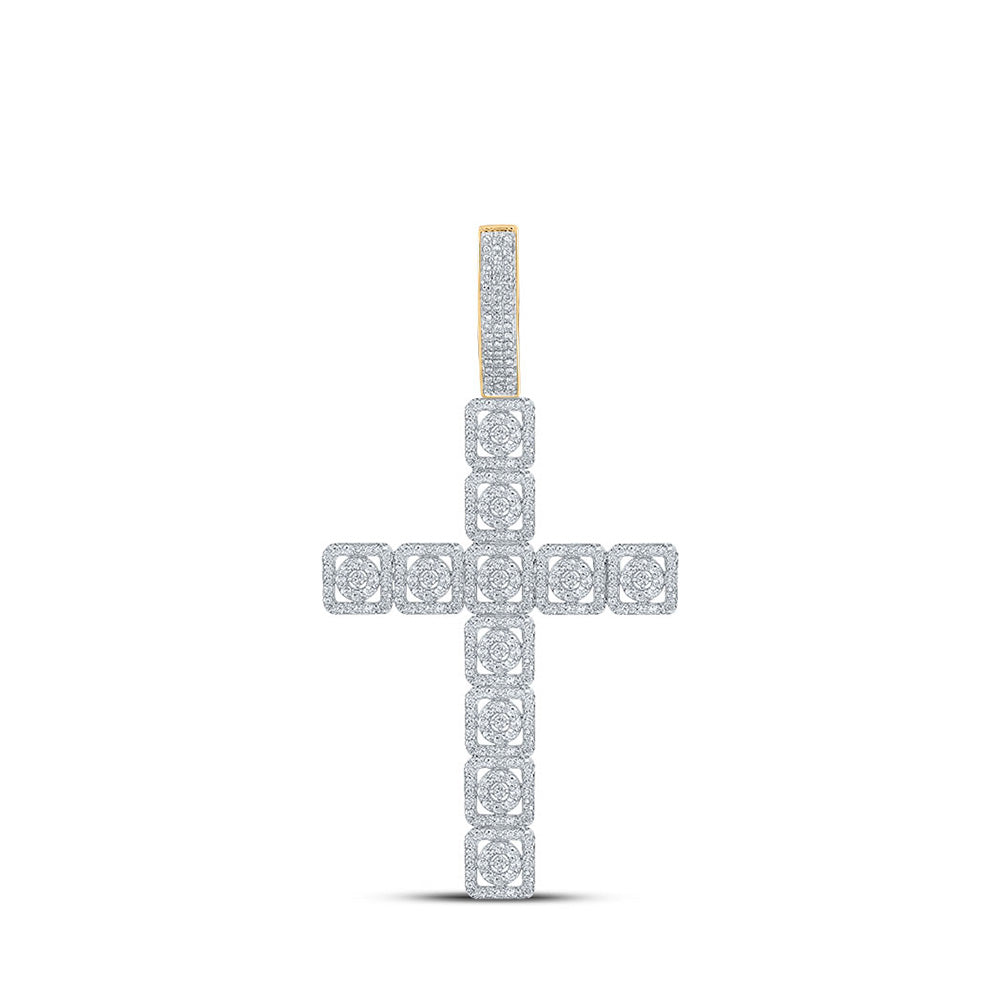 14K Yellow Gold Mens Round Diamond Cross Charm Pendant 1-1/5 Cttw