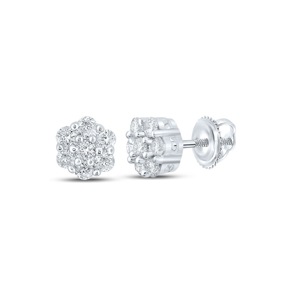 14K White Or Yellow Gold Round Diamond Flower Cluster Earrings