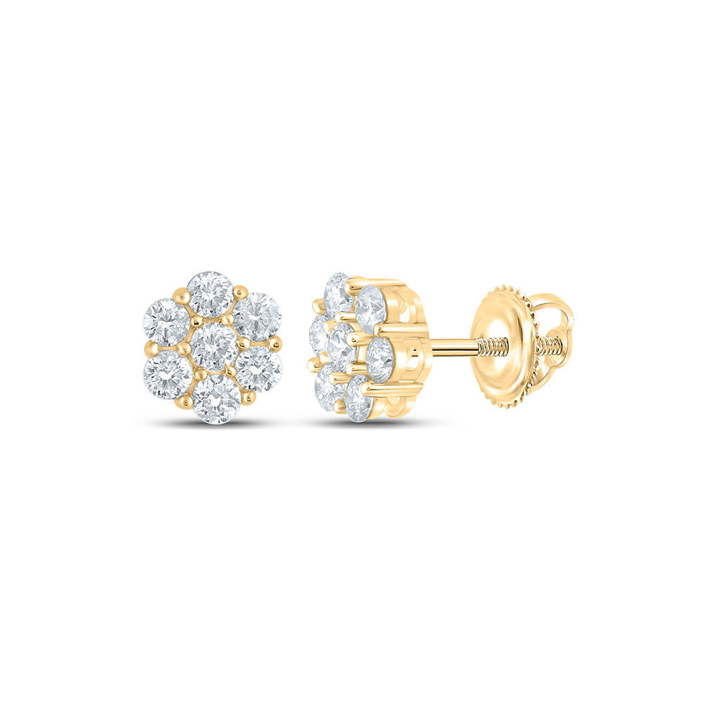 14K White Or Yellow Gold Round Diamond Flower Cluster Earrings