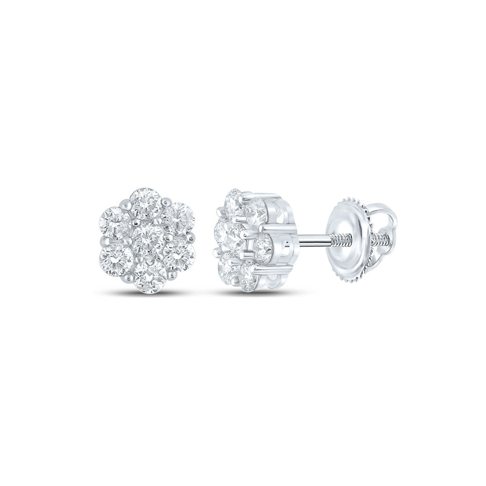 14K White Or Yellow Gold Round Diamond Flower Cluster Earrings