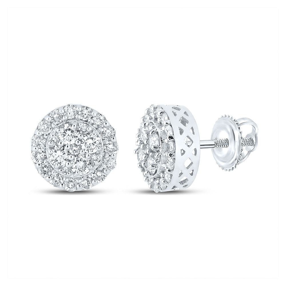 14K White Gold Round Diamond Cluster Earrings 7/8 Cttw, Length: 0.34 In, Width: 0.34 In