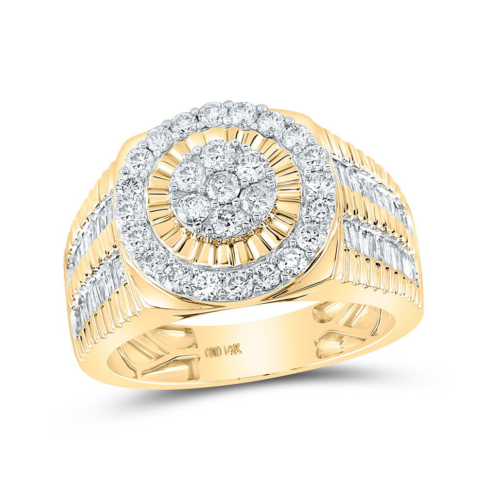 14K Yellow Gold Mens Round Diamond Fluted Flower Cluster Ring 1-3/4 Cttw, Mens Size: 7-13