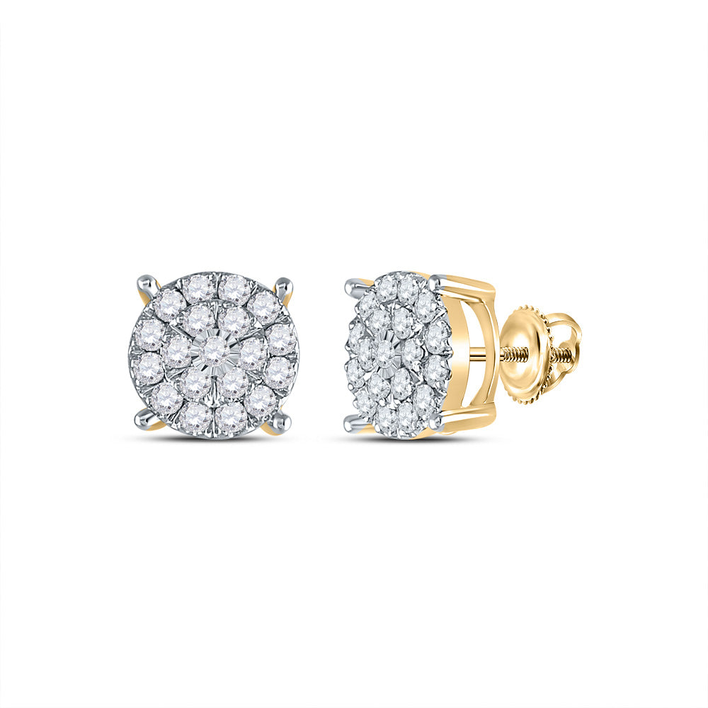 14K Yellow Gold Womens Round Diamond Cluster Earrings 1 Cttw, Length: 0.35 In, Width: 0.35 In