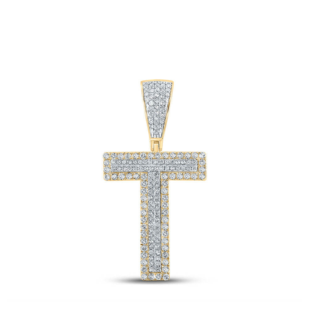 14K Two-tone Gold Mens Round Diamond T Initial Letter Charm Pendant 5/8 Cttw