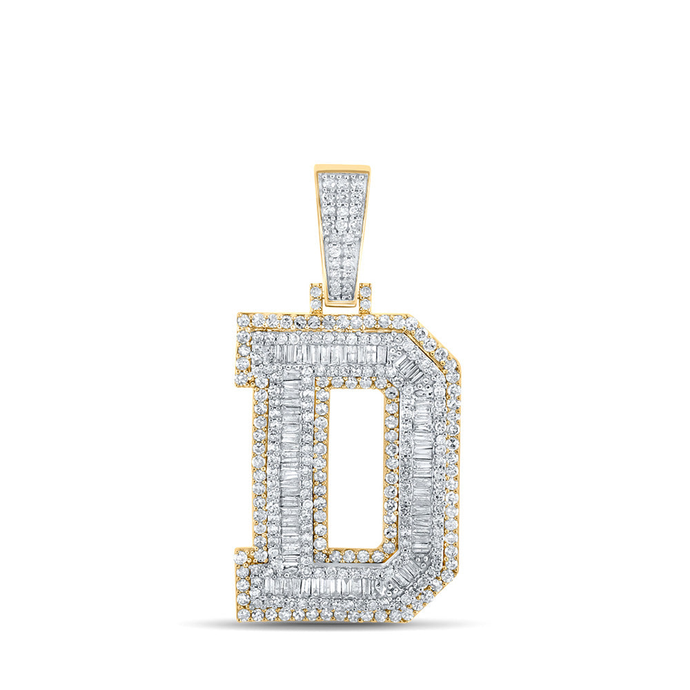 14K Two-tone Gold Mens Baguette Diamond Initial Letter Charm Pendant