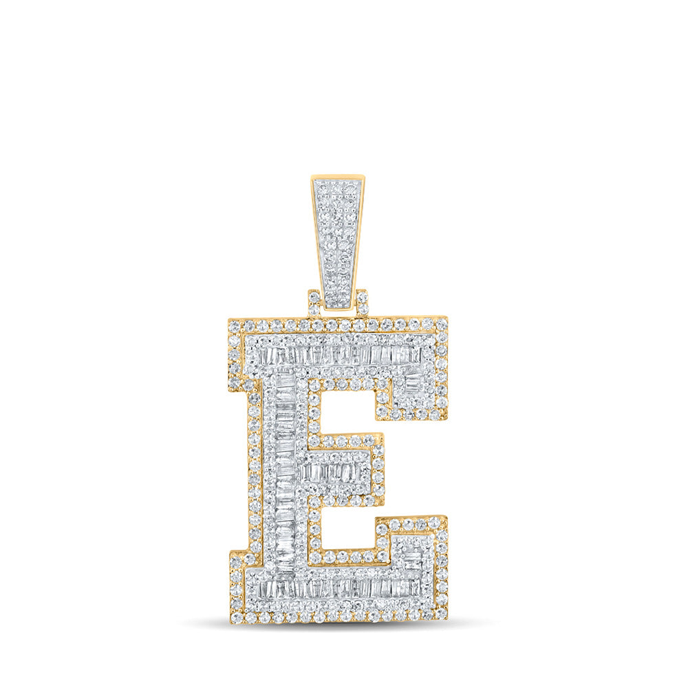 14K Two-tone Gold Mens Baguette Diamond Initial Letter Charm Pendant