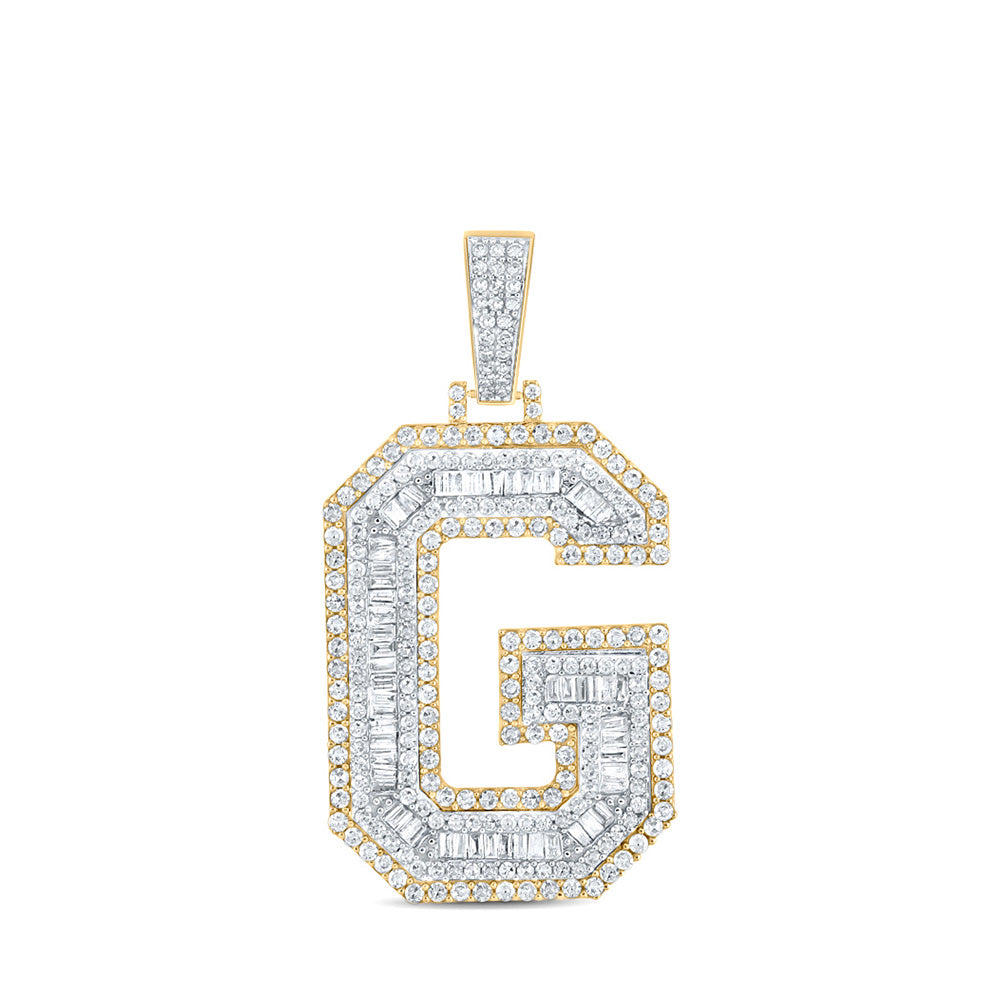 14K Two-tone Gold Mens Baguette Diamond Initial Letter Charm Pendant
