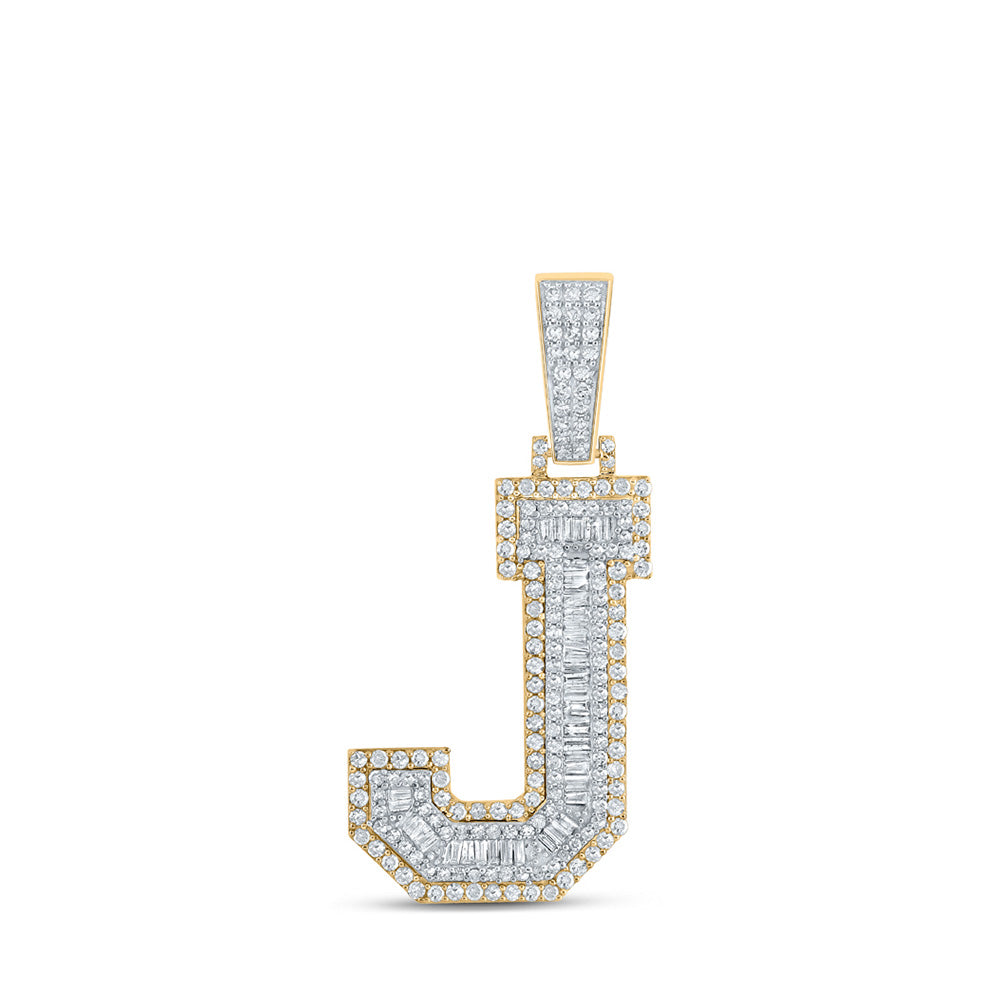 14K Two-tone Gold Mens Baguette Diamond Initial Letter Charm Pendant