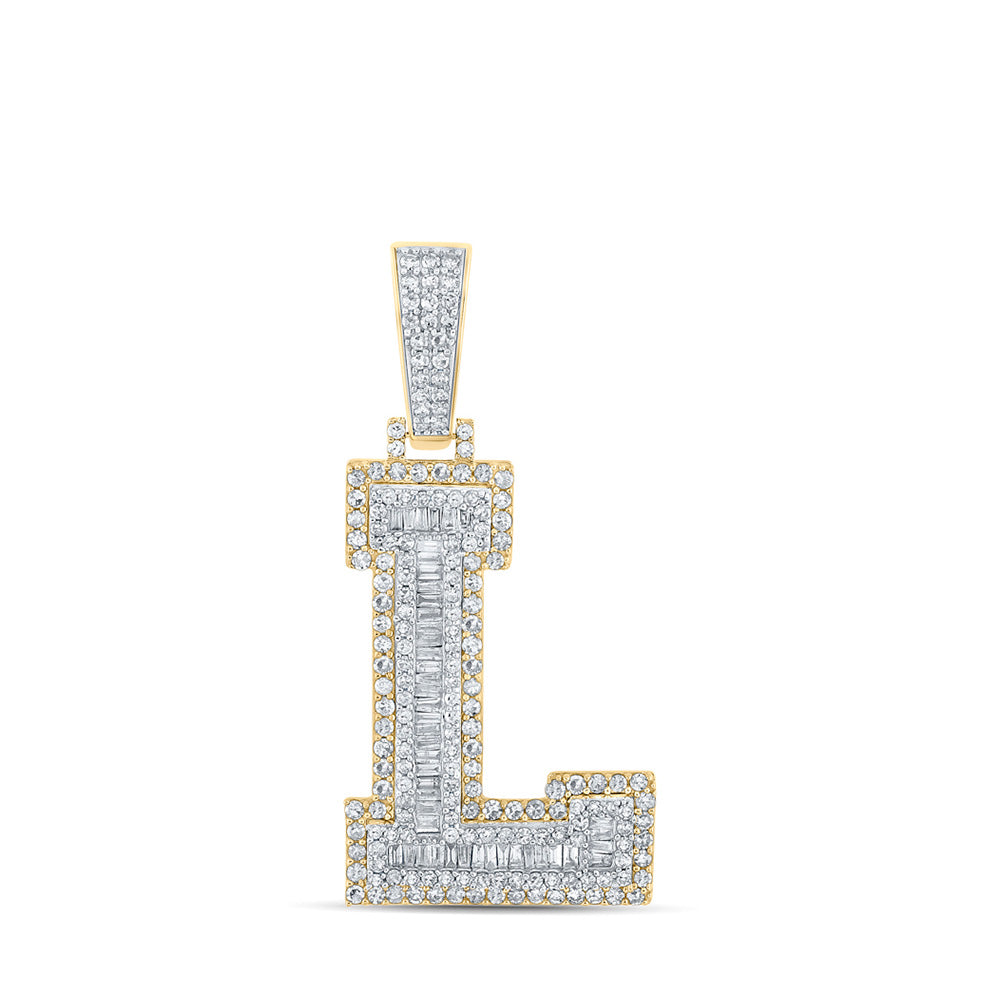 14K Two-tone Gold Mens Baguette Diamond Initial Letter Charm Pendant