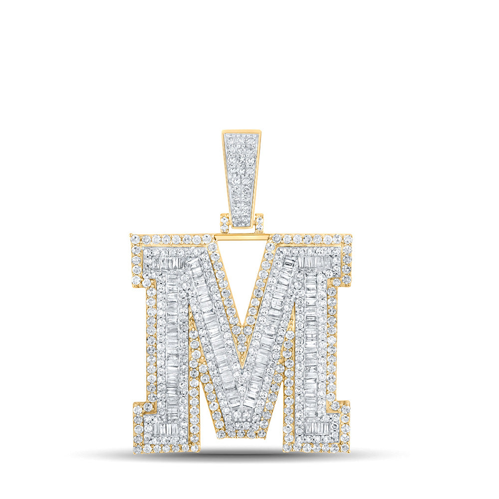 14K Two-tone Gold Mens Baguette Diamond Initial Letter Charm Pendant