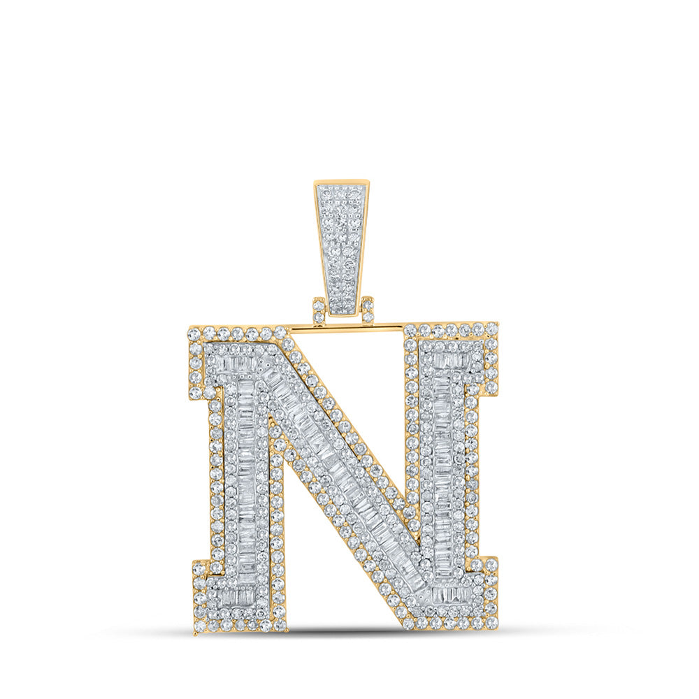 14K Two-tone Gold Mens Baguette Diamond Initial Letter Charm Pendant