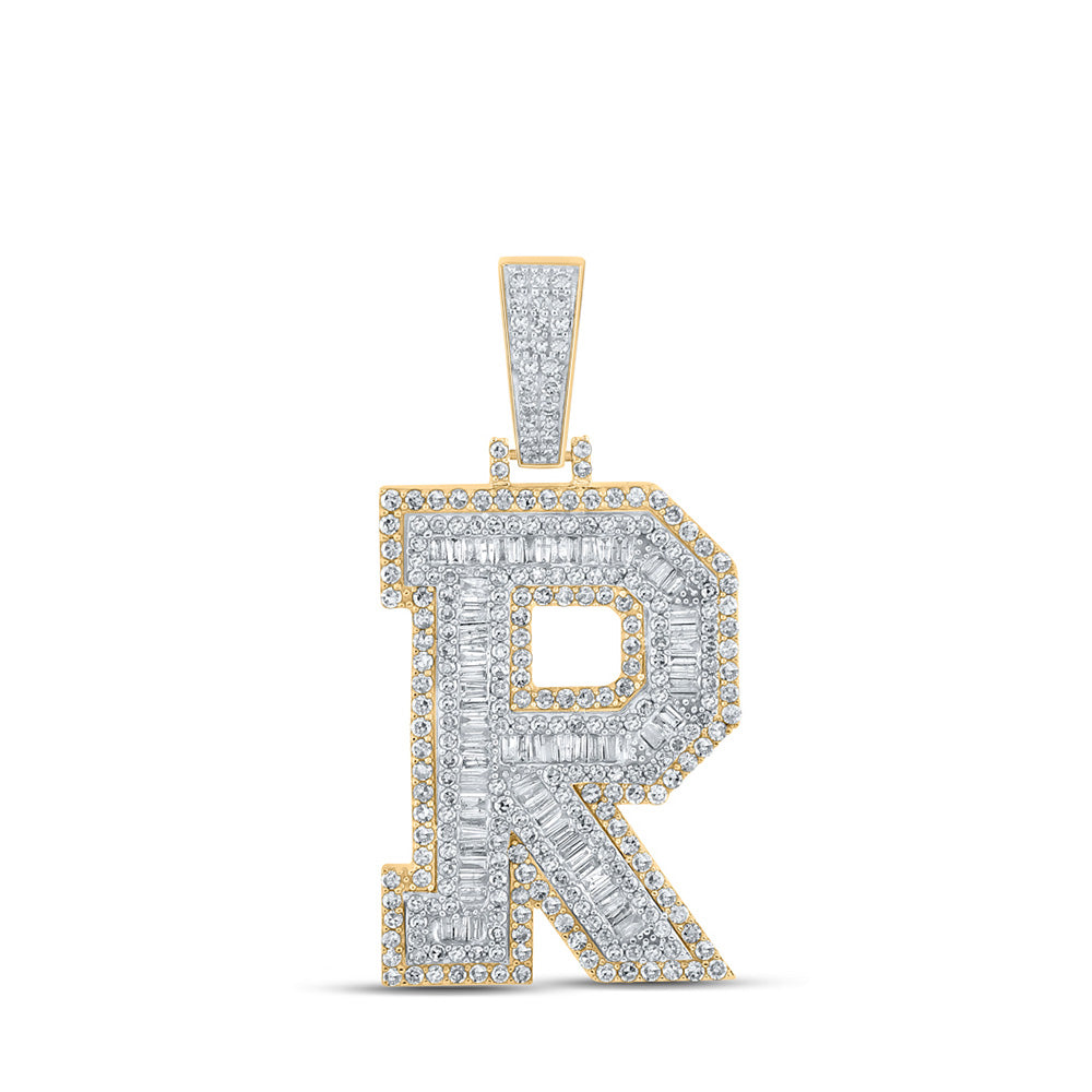 14K Two-tone Gold Mens Baguette Diamond Initial Letter Charm Pendant