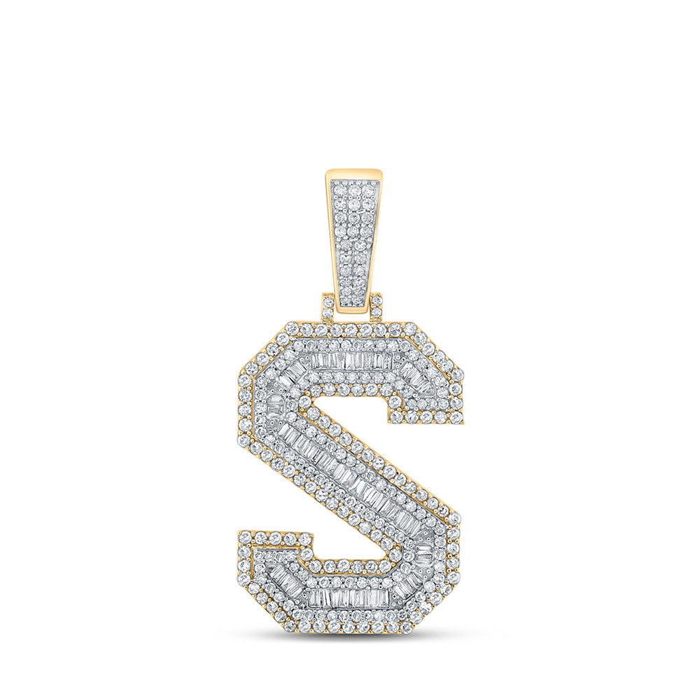10K Or 14K Two-tone Gold Mens Baguette Diamond Initial Letter Charm Pendant