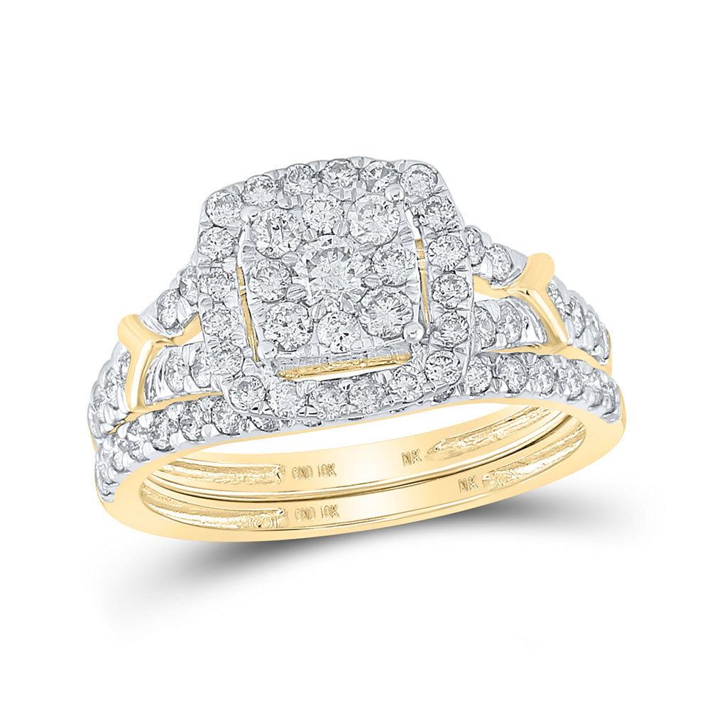10K Yellow Gold Round Diamond Cluster Bridal Wedding Ring Band Set 1 Cttw, Womens Size: 5-10