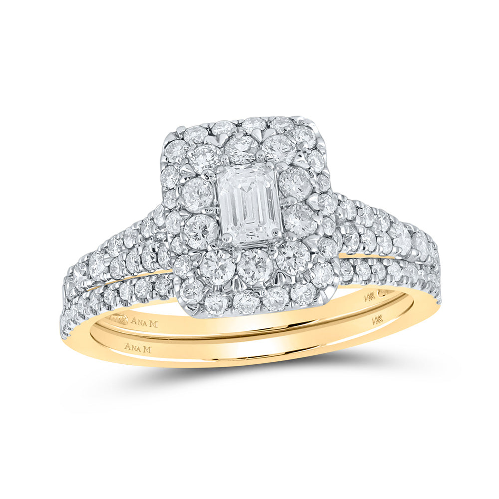 14K White Or Yellow Gold Emerald Diamond Halo Bridal Wedding Ring Band Set , Womens Size: 5-10