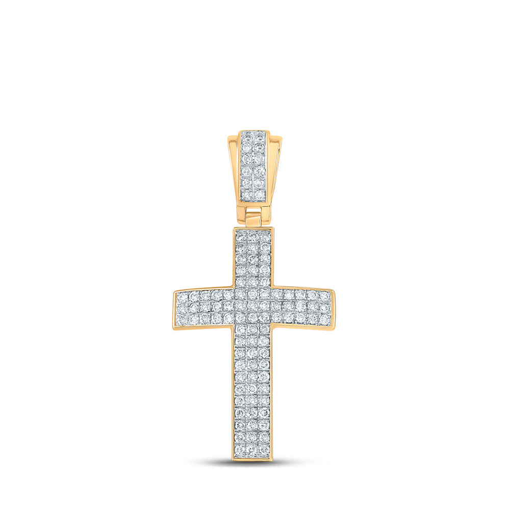 10K Yellow Gold Mens Round Diamond Cross Charm Pendant 1 Cttw, Length: 1.67 In, Width: 0.82 In