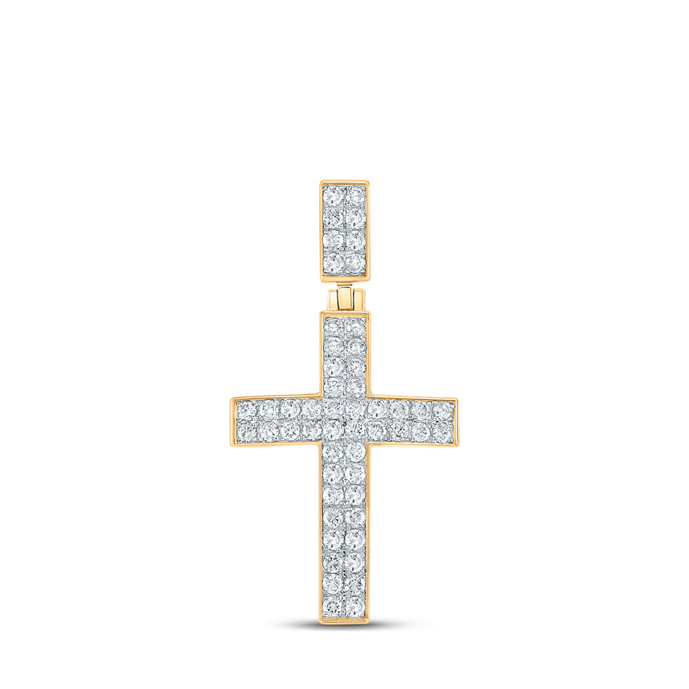10K Yellow Gold Mens Round Diamond Cross Charm Pendant 1 Cttw, Length: 1.54 In, Width: 0.78 In