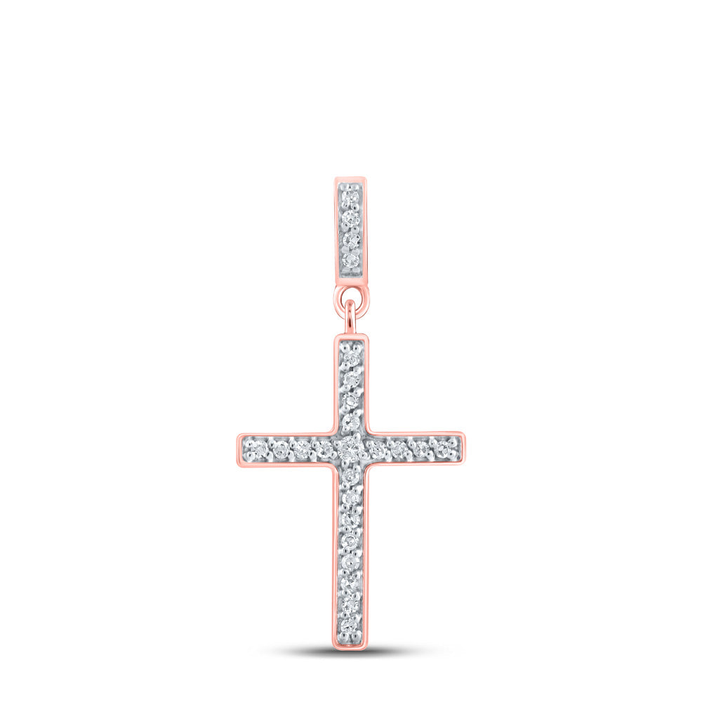 10K Rose Gold Womens Round Diamond Cross Pendant 1/10 Cttw, Length: 1.02 In