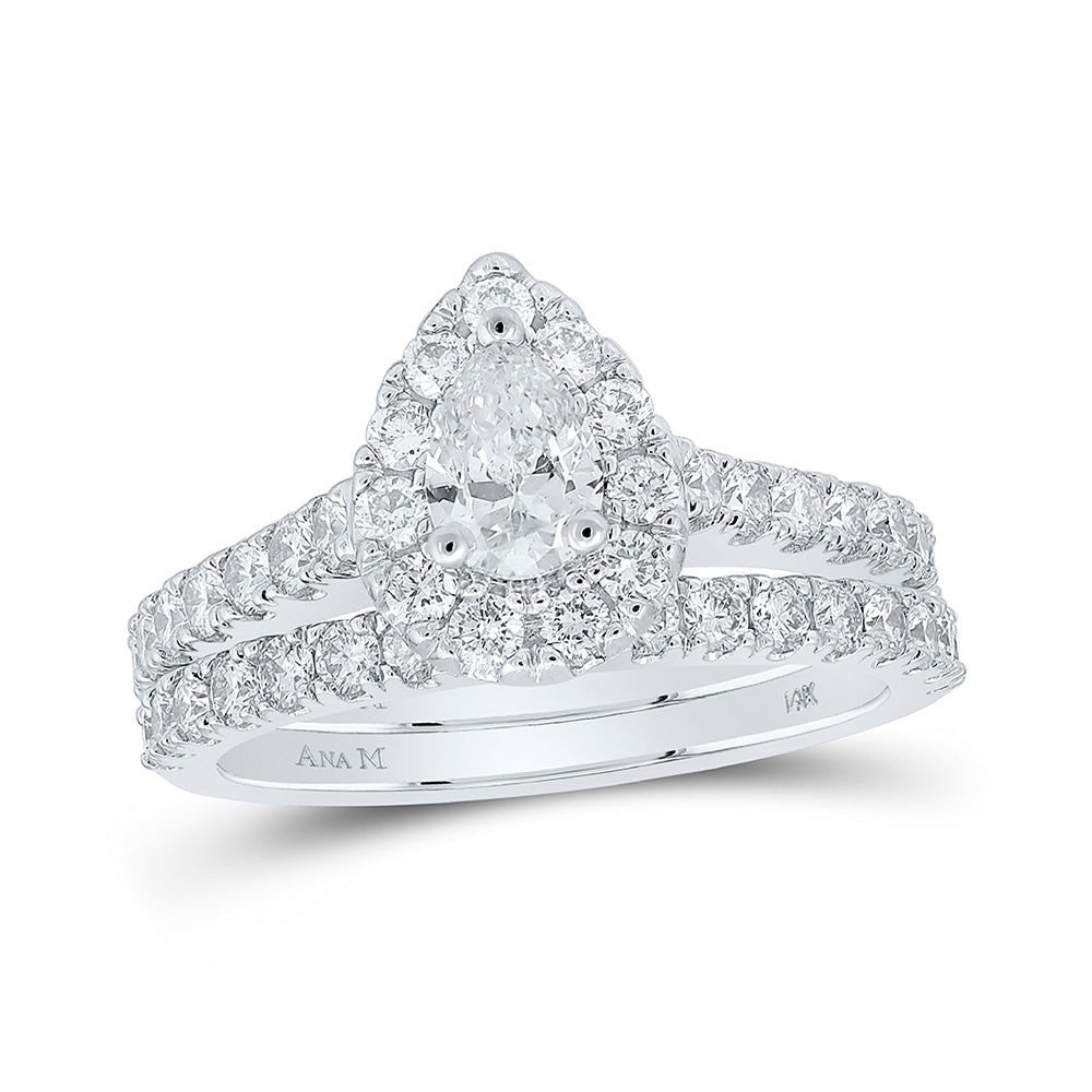 14K White Gold Pear Diamond Halo Bridal Wedding Ring Band Set 1-3/4 Cttw, Womens Size: 5-10