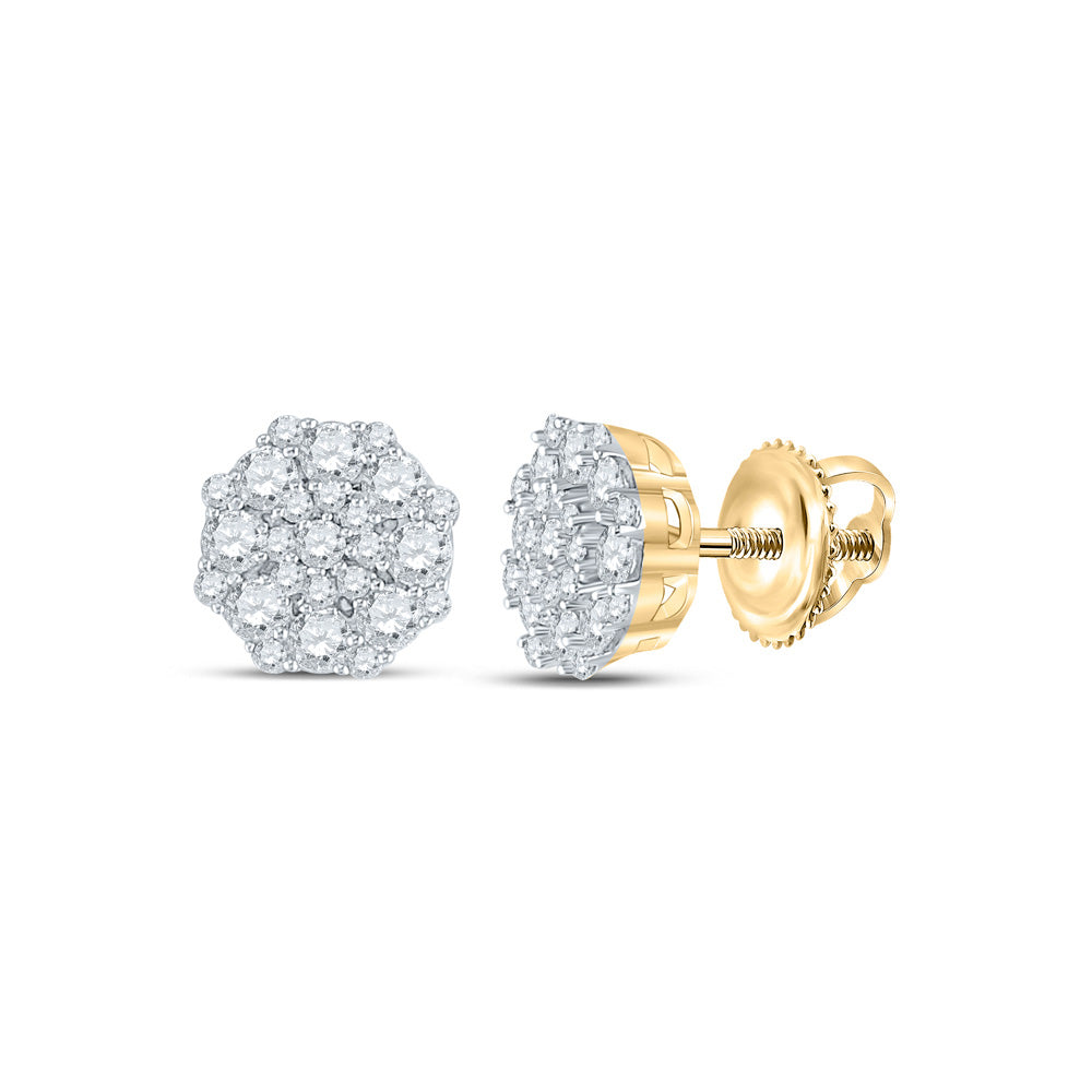 14K Yellow Gold Womens Round Diamond Octagon Cluster Earrings 5/8 Cttw