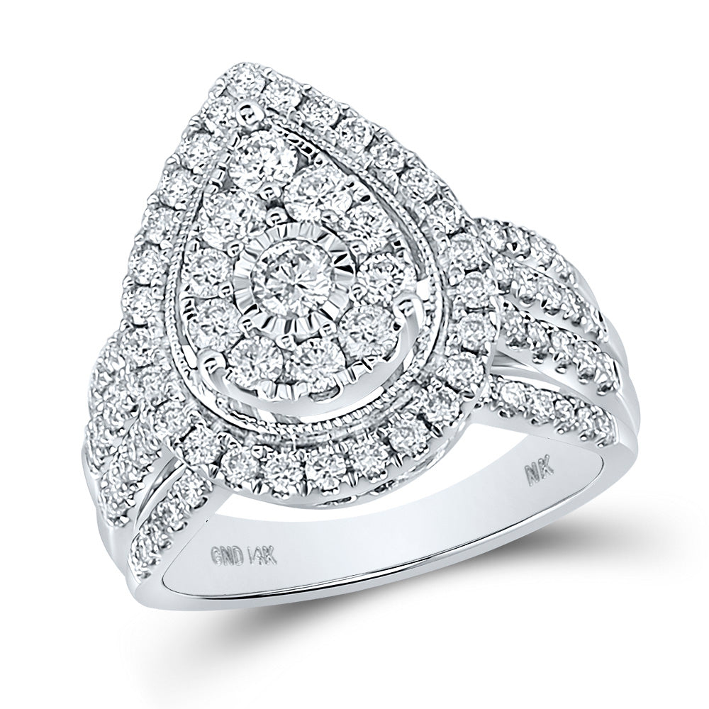 14K White Gold Round Diamond Pear-shape Cluster Bridal Wedding Engagement Ring 1-1/2 Cttw, Womens Size: 5-10