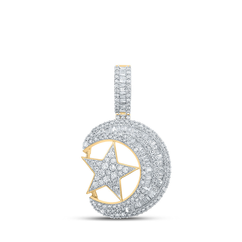 10K Yellow Gold Womens Baguette Diamond Crescent Moon Star Pendant 3-5/8 Cttw