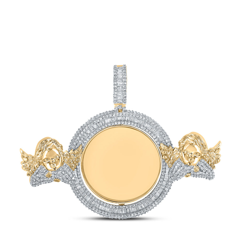 10K Yellow Gold Mens Round Diamond Angel Memory Circle Charm Pendant 5-7/8 Cttw