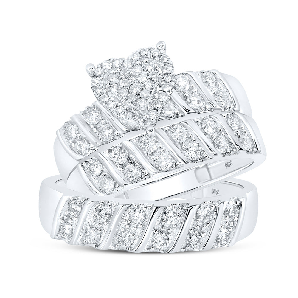 10K White Or Yellow Gold His Hers Round Diamond Heart Matching Wedding Set , Womens Size: 5-10, Mens Size: 7-13