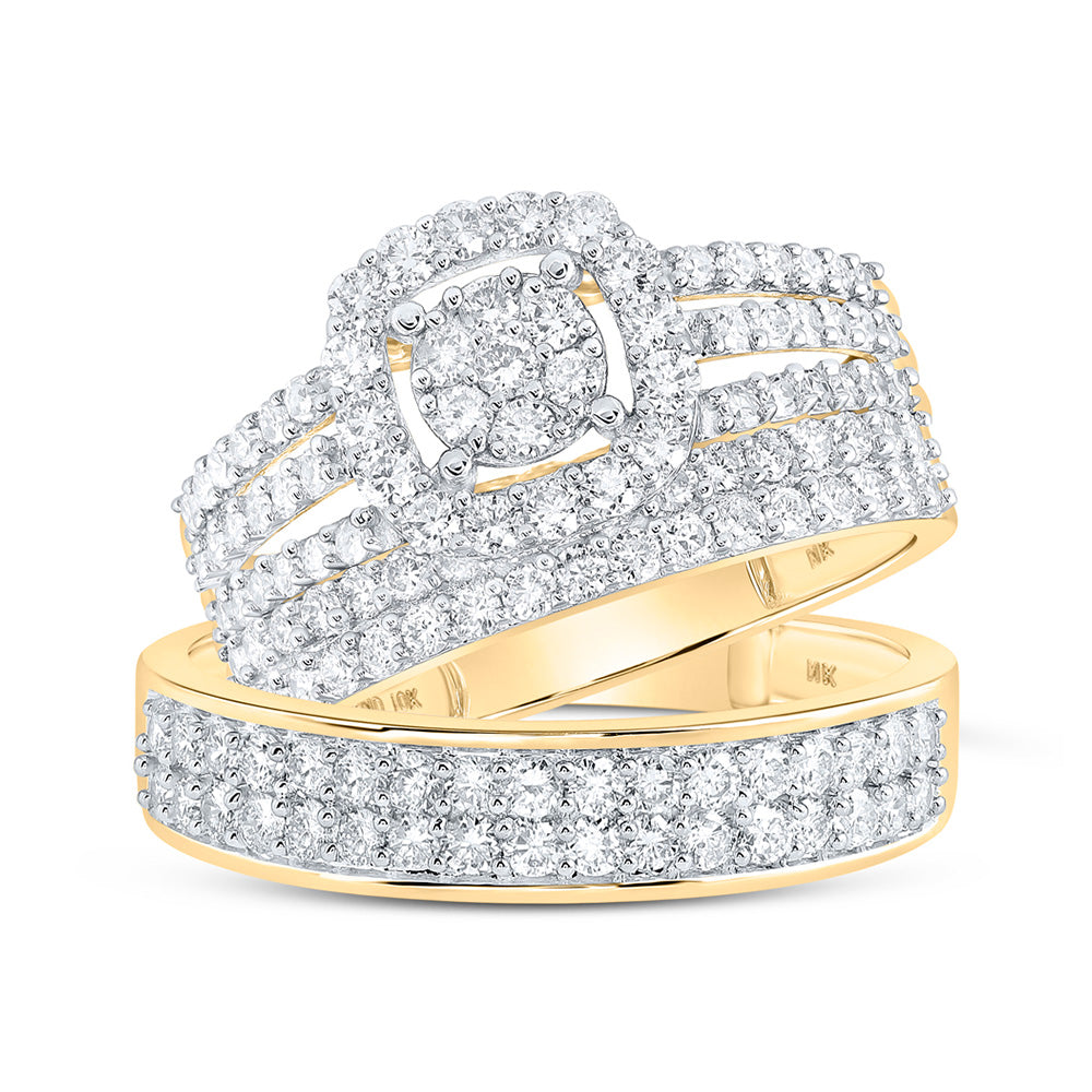 14K White Or Yellow Gold His Hers Round Diamond Cluster Matching Wedding Set, Womens Size: 5-10, Mens Size: 7-13