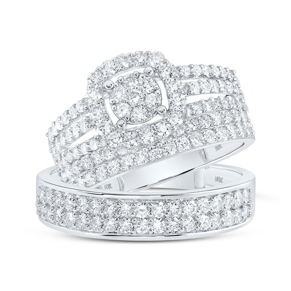 14K White Or Yellow Gold His Hers Round Diamond Cluster Matching Wedding Set, Womens Size: 5-10, Mens Size: 7-13