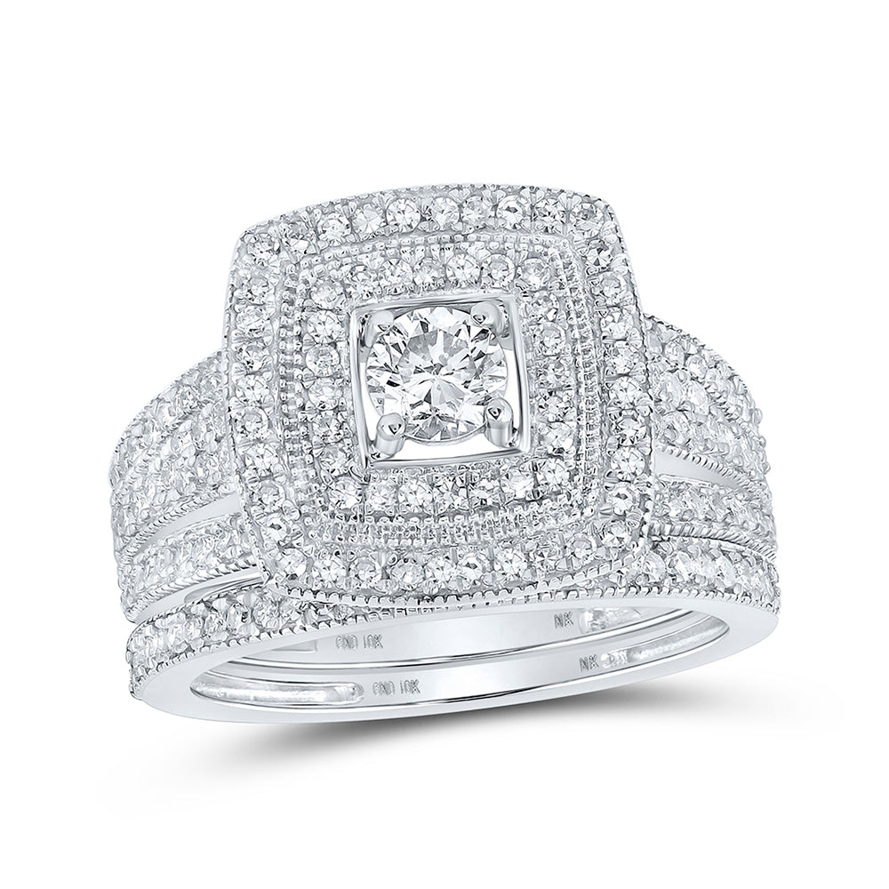 10K White Gold Round Diamond Halo Bridal Wedding Ring Band Set 1 Cttw, Womens Size: 5-10