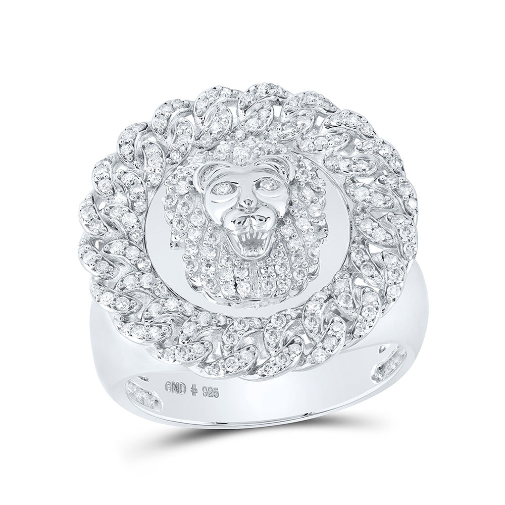 10K Yellow Gold Or Sterling Silver Mens Round Diamond Lion Cuban Link Circle Ring 7/8 Cttw, Mens Size: 7-13