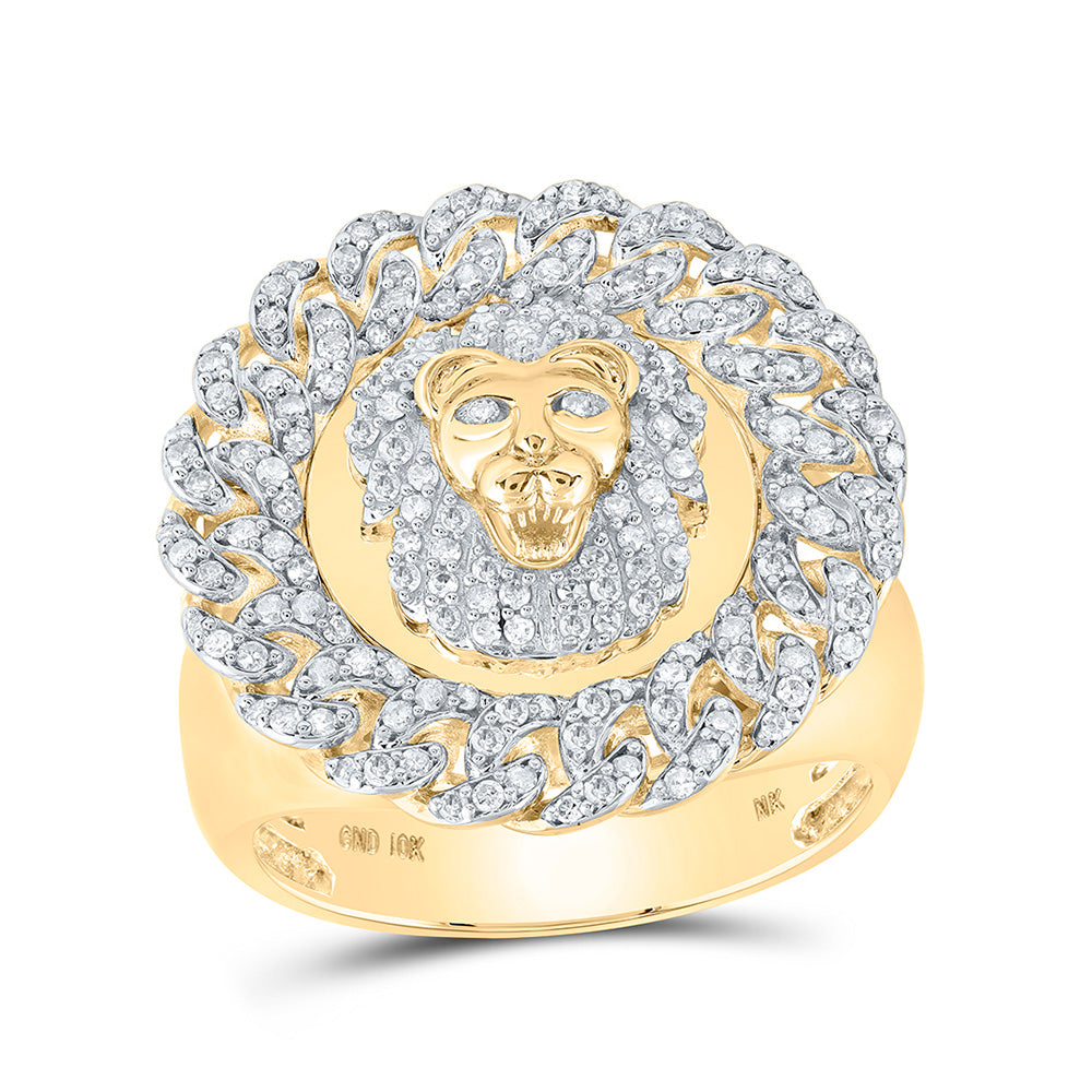 10K Yellow Gold Or Sterling Silver Mens Round Diamond Lion Cuban Link Circle Ring 7/8 Cttw, Mens Size: 7-13
