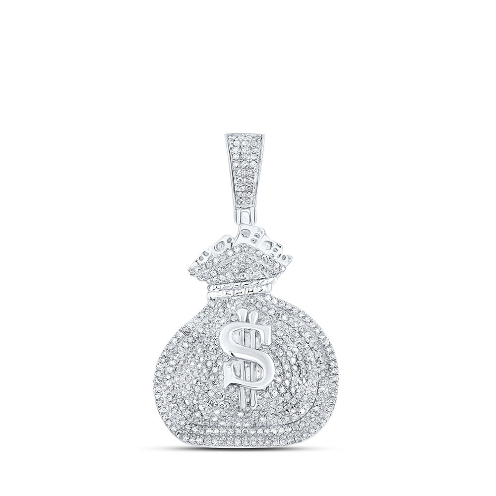 Sterling Silver Mens Round Diamond Money Bag Charm Pendant 1 Cttw, Length: 1.15 In, Width: 0.89 In