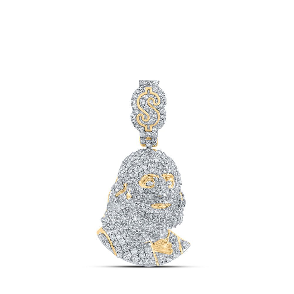 10K Yellow Gold Mens Round Diamond Ben Franklin Dollar Sign Charm Pendant 1-3/8 Cttw