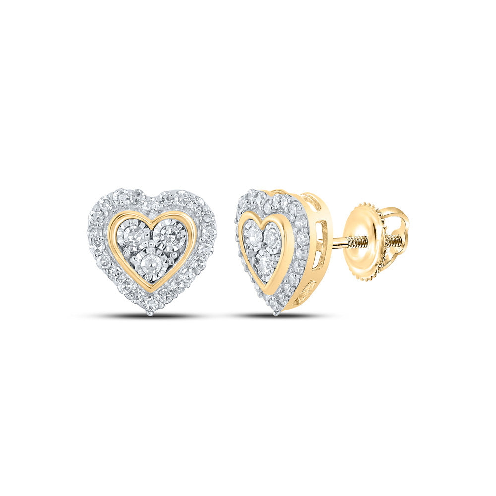10K Yellow Gold Womens Round Diamond Heart Earrings 1/5 Cttw