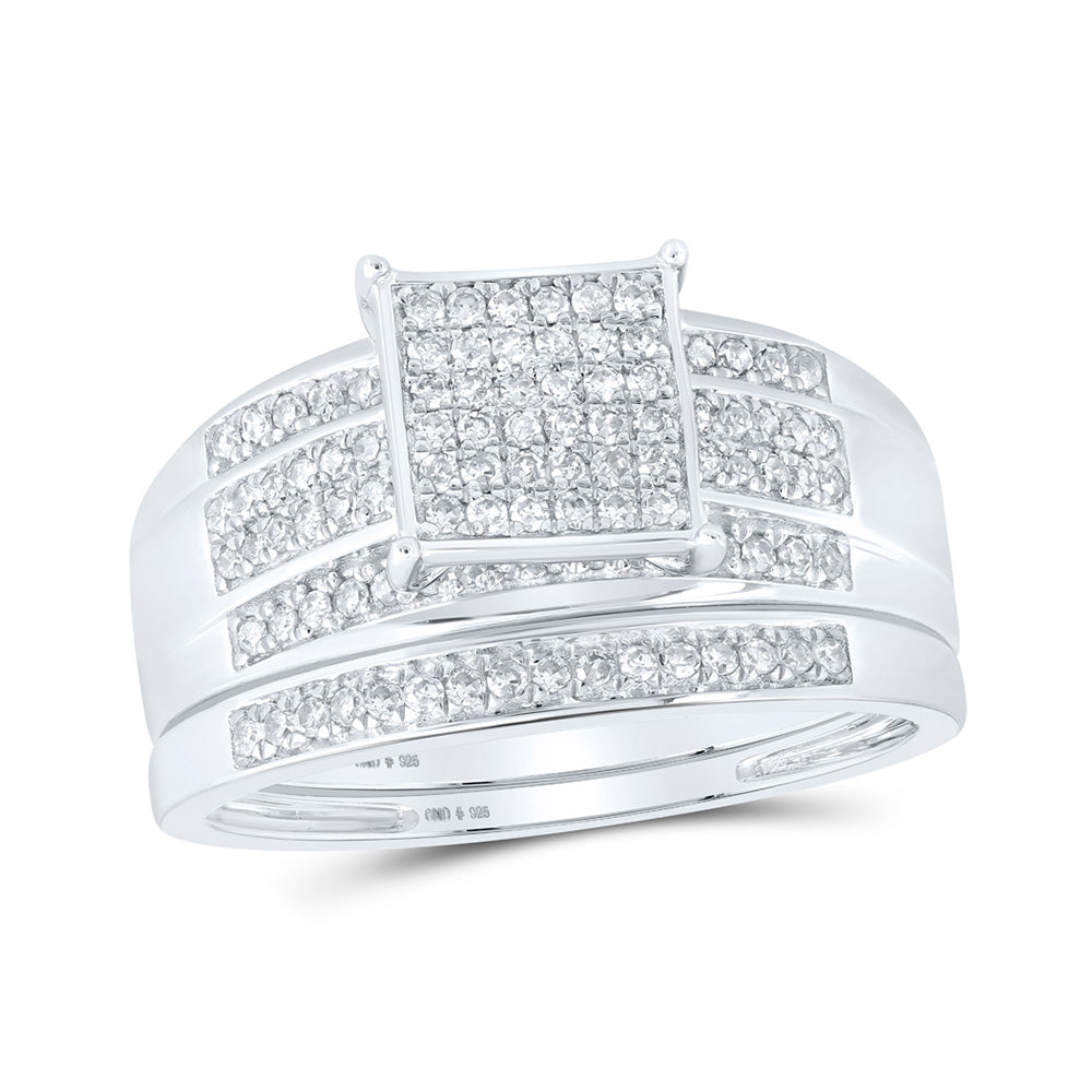 Sterling Silver Round Diamond Square Bridal Wedding Ring Band Set 3/8 Cttw, Womens Size: 5-10