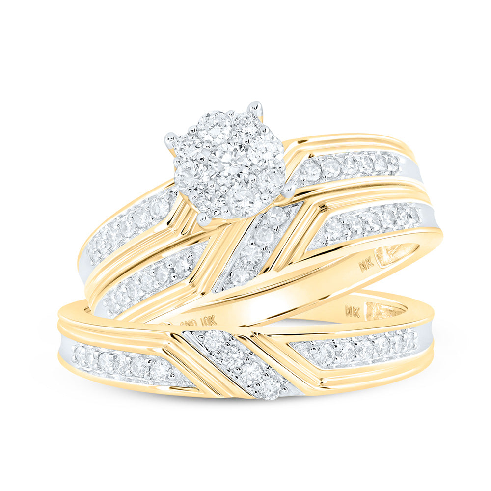 10K Yellow Gold His Hers Round Diamond Cluster Matching Wedding Set 1/2 Cttw, Womens Size: 5-10, Mens Size: 7-13