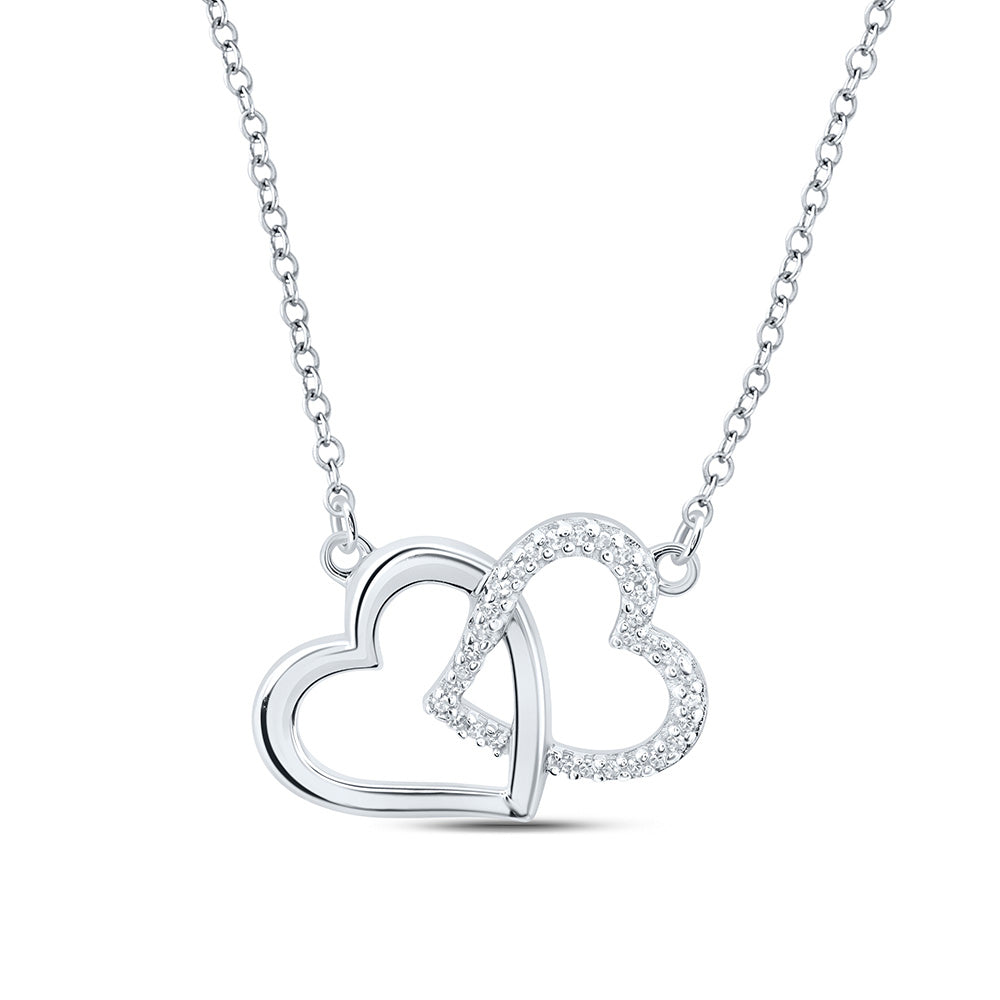 Sterling Silver Womens Round Diamond 18-inch Double Heart Necklace 1/20 Cttw, Length: 0.44 In, Width: 0.61 In