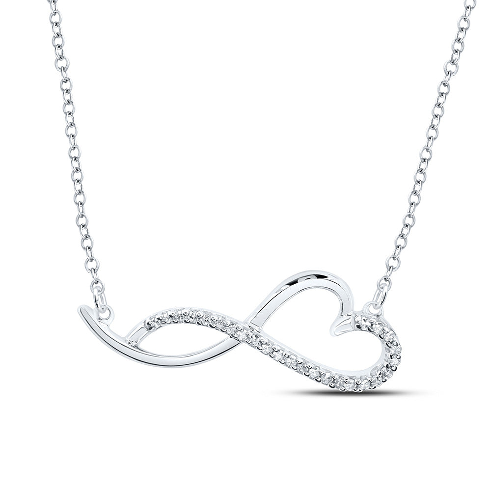 Sterling Silver Womens Round Diamond Heart Necklace 1/12 Cttw, Length: 0.34 In, Width: 0.83 In