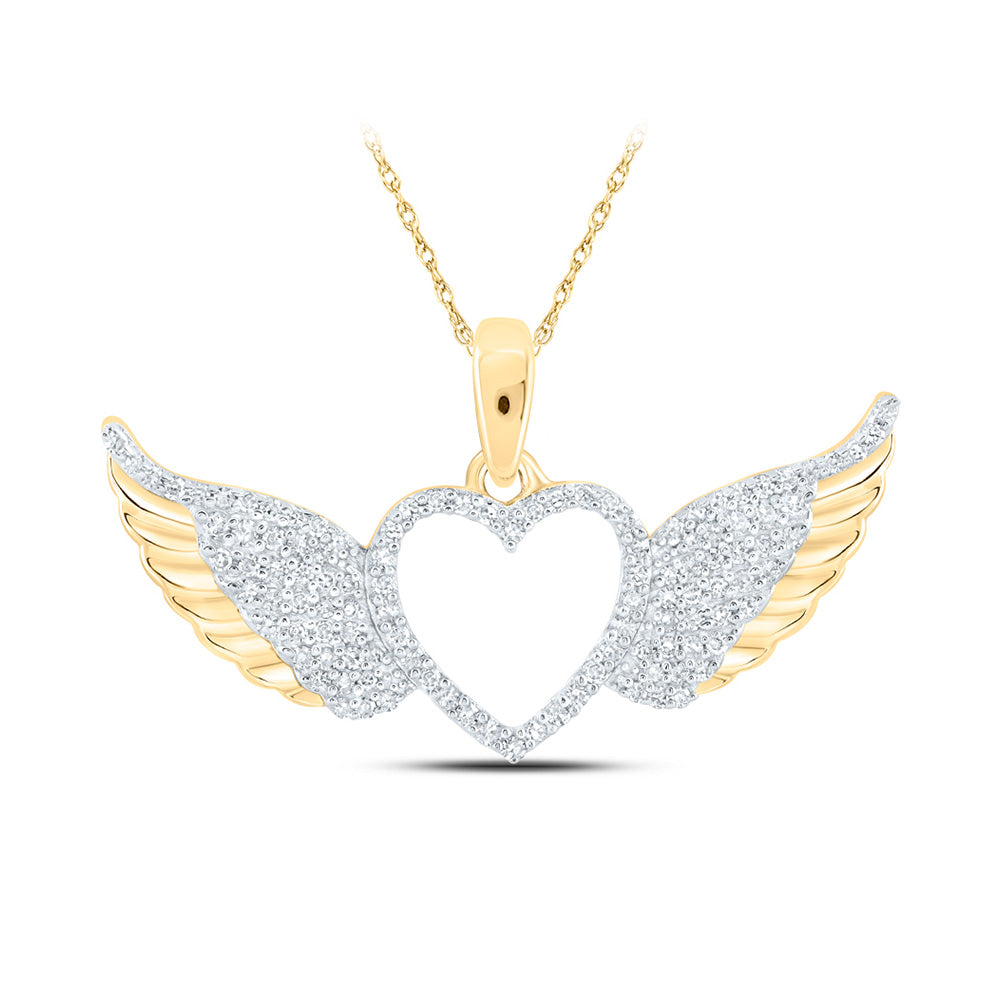 10K Yellow Gold Womens Round Diamond Wing Heart Pendant 1/4 Cttw, Length: 0.57 In, Width: 1.06 In